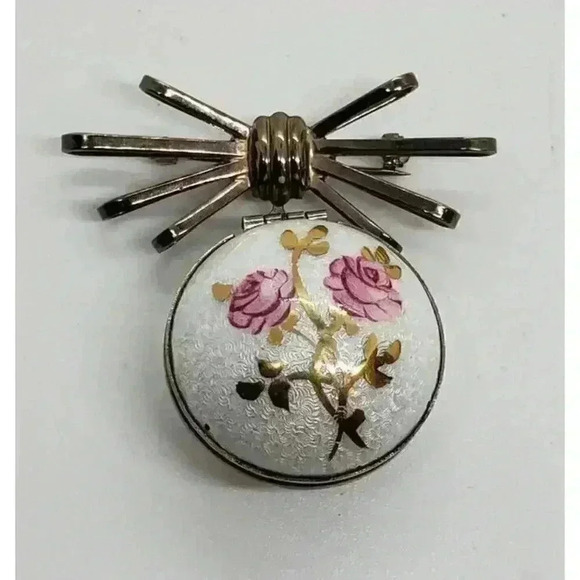 Vintage Brooch Double Locket Guilloche Roses NOS Ball & Ribbon Bow 12k Gold GE - Picture 2 of 10